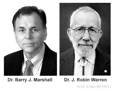 Dr. Barry J. Marshal ve Dr. J. Robin Warren, Helicobacter pylori bakterisini buldu
